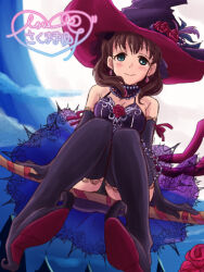 Rule 34 | 1girl, black dress, black footwear, black hat, black thighhighs, blue eyes, broom, broom riding, brown hair, closed mouth, commentary request, dress, earrings, foreshortening, full moon, halterneck, hat, high heels, idolmaster, idolmaster cinderella girls, jewelry, lace, lace-trimmed thighhighs, lielos, looking at viewer, medium hair, microdress, moon, night, outdoors, panties, pantyshot, partial commentary, purple hat, sakuma mayu, smile, solo, thighhighs, two-sided fabric, two-sided headwear, underwear, witch hat