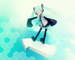 Rule 34 | 1girl, boots, detached sleeves, closed eyes, hatsune miku, headphones, long hair, necktie, puti devil, skirt, solo, standing, thigh boots, thighhighs, twintails, very long hair, vocaloid, wallpaper
