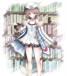 Rule 34 | 1girl, bare legs, bare shoulders, blanc (neptunia), blue eyes, blush, book, bookshelf, brown hair, coat, collarbone, commentary request, dress, fur trim, hand up, hat, looking at viewer, neptune (series), sarise0916, short hair, smile, solo, spaghetti strap, standing, very long sleeves, white coat, white dress