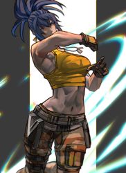 Rule 34 | 1girl, armpits, bare shoulders, blue hair, breasts, camouflage, camouflage pants, cargo pants, dog tags, earrings, highres, jewelry, large breasts, leona heidern, muscular, muscular female, navel, pants, pouch, slashing, solo, syachiiro, tank top, the king of fighters, the king of fighters xiv, the king of fighters xv, triangle earrings, yellow tank top