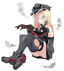 Rule 34 | 10s, 1girl, bad id, bad twitter id, bare shoulders, bismarck (kancolle), blonde hair, blue eyes, blush, breasts, detached sleeves, dirty, dirty face, fujibejifu, grey thighhighs, hat, kantai collection, long hair, military, military uniform, peaked cap, sideboob, simple background, sitting, smoke, solo, sweatdrop, thighhighs, torn clothes, torn hat, torn thighhighs, uniform, white background