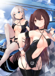 Rule 34 | 2girls, ;), arm strap, azur lane, bare shoulders, black choker, black gloves, black thighhighs, blue eyes, blue sky, blurry, blurry background, blurry foreground, blush, breasts, brown eyes, brown hair, car, center opening, checkered flag, choker, cleavage, clothing cutout, cloud, collarbone, commentary, cowboy shot, criss-cross halter, day, dress, flag, gloves, hair between eyes, halter dress, halterneck, hand on own hip, head tilt, large breasts, long hair, looking at viewer, mole, mole under eye, motor vehicle, mujinbensin, multiple girls, navel, navel cutout, on vehicle, one eye closed, one side up, patreon username, pelvic curtain, race queen, revealing clothes, revision, shoukaku (azur lane), shoukaku (sororal wings) (azur lane), side ponytail, sidelocks, sitting, sitting on car, skindentation, sky, smile, standing, thighhighs, very long hair, white hair, white thighhighs, wrist cuffs, zuikaku (azur lane), zuikaku (the wind&#039;s true name) (azur lane)