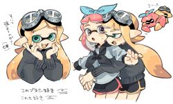 Rule 34 | 2girls, :o, arms around waist, black sailor collar, black shorts, black sweater, blonde hair, blue eyes, blush, bow hairband, cropped legs, daidaiika, dolphin shorts, fang, goggles, goggles on head, hairband, hug, hug from behind, inkling, inkling girl, inkling player character, long sleeves, multiple girls, nintendo, open mouth, pink hair, pointy ears, purple eyes, sailor collar, short shorts, shorts, simple background, splatoon (series), sweater, tentacle hair, white background