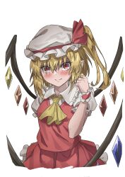 Rule 34 | 1girl, absurdres, blush, closed mouth, commentary, crystal, flandre scarlet, gyouza (mhea5724), hand in own hair, hat, hat ribbon, highres, looking at viewer, medium hair, one side up, pointy ears, red eyes, red ribbon, red skirt, red vest, ribbon, shirt, short sleeves, simple background, skirt, solo, touhou, vest, white background, white hat, white shirt, wings