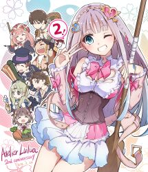 Rule 34 | 4boys, 4girls, anniversary, atelier (series), atelier lulua, basket, black hair, blue eyes, blunt bangs, blush, bow, breasts, brown corset, brown eyes, brown hair, cabbage, carrot, christoph aurel arland, cleavage, collared shirt, copyright name, corset, dated, dress, elmerulia fryxell, eva armster, ficus finis, frilled sleeves, frills, gloves, green eyes, grey hair, hair ornament, hairband, hat, heart, heart hair ornament, highres, holding, holding basket, karasumi (aiseec), long hair, long sleeves, looking at viewer, medium breasts, multiple boys, multiple girls, nicodemus david dieter, one eye closed, open mouth, piana (atelier), pink bow, pink dress, pink hair, red headwear, rororina fryxell, shirt, short hair, smile, solo focus, sterkenburg cranach, top hat, v
