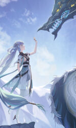 Rule 34 | 1girl, absurdres, arm behind back, black dress, blue sky, boots, bow, breasts, closed mouth, coat, colored eyelashes, commentary, dragon, dress, eastern dragon, from side, full body, hair bow, hand up, highres, jewelry, jinhsi (wuthering waves), jue (wuthering waves), large breasts, long hair, looking at another, mole, mole on cheek, multiple rings, outdoors, ring, sideboob, sky, sxing699, thigh boots, very long hair, white bow, white coat, white eyes, white footwear, white hair, wuthering waves