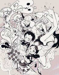 Rule 34 | 2girls, 3boys, absurdres, aged down, baby 5, bead necklace, beads, black hair, blonde hair, bow, bracelet, buck teeth, buffalo (one piece), child, closed eyes, dellinger (one piece), earrings, giolla, glasses, hair bow, highres, horns, jewelry, long hair, monochrome, multiple boys, multiple girls, necklace, nowosuke, one piece, open mouth, pacifier, painting (object), short hair, smile, surprised, teeth, trafalgar law