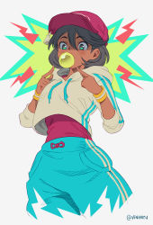 Rule 34 | 1girl, 2019, ajna (indivisible), alternate costume, baggy pants, baseball cap, black hair, blowing bubbles, blue pants, blush, casual, chewing gum, commentary, contemporary, crop top, cropped legs, dark-skinned female, dark skin, double vertical stripe, drawstring, english commentary, green eyes, grey background, hat, hood, hoodie, indivisible, long sleeves, looking down, pants, pointing, pointing at self, purple hat, purple shirt, shirt, short hair, simple background, solo, standing, tank top, tassel, twitter username, vinhnyu, white shirt, wristband