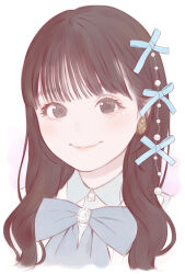 Rule 34 | 1girl, blue ribbon, bow, bowtie, brown eyes, brown hair, closed mouth, collared shirt, commentary, cropped shoulders, earrings, gradient background, grey bow, grey bowtie, hair ornament, hair ribbon, haruneharu, highres, jewelry, light blush, long hair, looking at viewer, nakagawa rika, pearl hair ornament, pink background, portrait, real life, ribbon, shirt, smile, solo, voice actor, white background, white gemstone, white shirt
