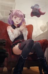 Rule 34 | 1girl, absurdres, bare shoulders, belt, black thighhighs, book, book stack, chair, detached sleeves, dress, fate/grand order, fate (series), flat chest, globe, helena blavatsky (fate), highres, indoors, knees together feet apart, kouzuki kei, looking at viewer, open mouth, own hands together, purple eyes, purple hair, short dress, short hair, sitting, smile, solo, strapless, strapless dress, thighhighs