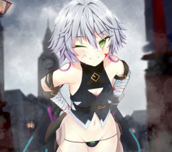 Rule 34 | 1girl, arms behind back, bandaged arm, bandages, bare shoulders, beni8539, black panties, black vest, blood, blood on face, breasts, closed mouth, cropped vest, facial scar, fate/apocrypha, fate/grand order, fate (series), green eyes, hair between eyes, highres, jack the ripper (fate/apocrypha), knife, leaning forward, looking at viewer, navel, one eye closed, panties, scar, scar across eye, scar on cheek, scar on face, sheath, short hair, shoulder tattoo, small breasts, smile, solo, tattoo, thighhighs, thighs, underwear, vest, white hair, wink