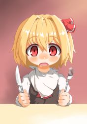 Rule 34 | 1girl, blonde hair, blush, fork, hair ribbon, hecchi (blanch), knife, napkin, open mouth, red eyes, ribbon, rumia, saliva, short hair, sitting, solo, table, touhou