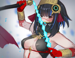 Rule 34 | 1girl, bare shoulders, black hair, blood, blood on hands, blue hair, bracer, breasts, colored inner hair, detached collar, facepaint, fate/grand order, fate (series), feathers, grey eyes, halterneck, headdress, high collar, looking at viewer, medium breasts, multicolored hair, short hair, sidelocks, solo, tassel, tenochtitlan (fate), tenochtitlan (first ascension) (fate), ura illust, whip