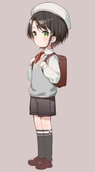 Rule 34 | 1girl, backpack, bag, beret, black hair, black shorts, black socks, blush, brown background, brown footwear, closed mouth, collared shirt, full body, green eyes, hands up, hat, highres, holding strap, hololive, kneehighs, loafers, long sleeves, meito (maze), necktie, oozora subaru, parted bangs, puffy long sleeves, puffy sleeves, red necktie, shirt, shoes, short hair, shorts, simple background, sleeves past wrists, smile, socks, solo, standing, sweater vest, virtual youtuber, white hat, white shirt