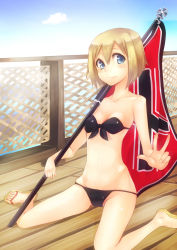Rule 34 | 1girl, balcony, bandeau, bikini, blonde hair, blue eyes, collarbone, erica hartmann, face, flag, front-tie top, highres, nuko-d, sandals, short hair, sitting, skindentation, solo, strike witches, swimsuit, v, wariza, world witches series