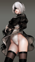 Rule 34 | 1girl, as109, black dress, black hairband, blindfold, boots, cleavage cutout, clothing cutout, commentary request, covered eyes, covered navel, cowboy shot, dress, feather-trimmed sleeves, grey background, hairband, highleg, highleg leotard, highres, juliet sleeves, leotard, lips, long sleeves, mole, mole under mouth, nier (series), nier:automata, parted lips, puffy sleeves, revision, ribbed dress, silver hair, simple background, solo, thigh boots, thighhighs, thighhighs under boots, thighs, vambraces, white leotard, 2b (nier:automata)