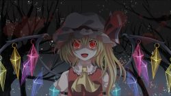 Rule 34 | 1girl, ascot, bad id, bad pixiv id, blonde hair, dress, female focus, flandre scarlet, glowing, glowing eyes, hat, open mouth, red dress, red eyes, side ponytail, smile, solo, embodiment of scarlet devil, toki (241759), touhou, tree, wings