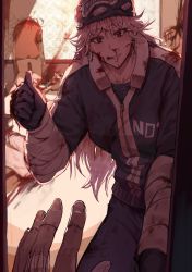 Rule 34 | 1girl, bad id, bad twitter id, blonde hair, blood, blush, corpse, dorohedoro, earrings, gloves, highres, jewelry, long hair, looking at viewer, mask, muscular, muscular female, noi (dorohedoro), open mouth, park ongjol, red eyes, smile, stitches, wall, white hair