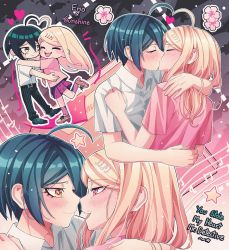 Rule 34 | 1boy, 1girl, akamatsu kaede, alternate costume, alternate hair color, black footwear, black pants, blush, brown eyes, cheer (cheerpuppy14), collared shirt, commentary, couple, danganronpa (series), danganronpa v3: killing harmony, dress shirt, english commentary, english text, floral print, flower, fortissimo, green hair, hair ornament, heart, heart ahoge duo, hetero, highres, kiss, kneehighs, long hair, multicolored background, musical note, musical note hair ornament, noses touching, notice lines, outline, pants, pink eyes, pink flower, pink shirt, print skirt, purple skirt, saihara shuichi, shirt, short hair, skirt, smile, socks, star (symbol), striped clothes, striped pants, teeth, upper teeth only, white outline, white shirt