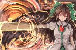 Rule 34 | 1girl, arm cannon, black wings, brown hair, colorized, hair ornament, hair ribbon, long hair, looking at viewer, open mouth, outstretched arm, puffy sleeves, red eyes, reiuji utsuho, ribbon, shirt, short sleeves, sketch, skirt, solo, third eye, touhou, twitter username, upper body, weapon, wings, wowoguni