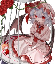 1girl ascot bat_wings birdcage blue_hair brooch cage character_doll flandre_scarlet flower hat hat_ribbon highres jewelry misoice_ramen mob_cap pink_hat red_ascot red_eyes remilia_scarlet ribbon rose short_hair siblings sisters solo thorns touhou wings wrist_cuffs