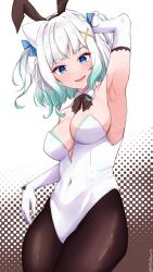Rule 34 | 1girl, absurdres, animal ears, arm up, armpits, bare shoulders, blue eyes, breasts, covered navel, elbow gloves, fake animal ears, ghost, ghost girl, ghost hair ornament, gloves, gradient hair, green hair, highleg, highleg leotard, highres, indie virtual youtuber, leotard, looking at viewer, medium breasts, mint fantome, multicolored hair, pantyhose, playboy bunny, rabbit ears, smile, solo, strapless, strapless leotard, takoroki, triangular headpiece, two side up, virtual youtuber, white gloves, white hair, white leotard