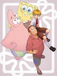 Rule 34 | 2boys, animification, belt, blonde hair, blue eyes, blush, brown hair, carrying, flip-flops, freckles, from above, happy, highres, male focus, manahi, multiple boys, necktie, nickelodeon, patrick star, personification, sandals, shoes, shorts, shoulder carry, sitting, sitting on shoulder, smile, socks, sponge, spongebob squarepants, spongebob squarepants (series), teeth