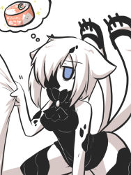 Rule 34 | 10s, 1boy, 1girl, abyssal ship, admiral (kancolle), animal ears, arm grab, ascot, black dress, blue eyes, boots, cat ears, cat tail, colored skin, commentary, covered mouth, dress, goma (gomasamune), kantai collection, monochrome, multiple tails, ne-class heavy cruiser, nekomata, pet food, short dress, short hair, tail, tentacles, thigh boots, thighhighs, translated, two tails, white hair, white skin