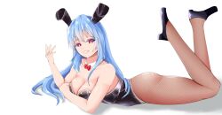 Rule 34 | 1girl, absurdres, animal ears, black footwear, black leotard, blue hair, breasts, bright pupils, cleavage, commentary, english commentary, from side, full body, ginari, high heels, highres, hinanawi tenshi, large breasts, leotard, long hair, looking at viewer, parted lips, playboy bunny, rabbit ears, red eyes, simple background, touhou, variant set, white background, white pupils