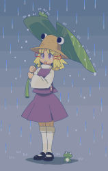 Rule 34 | 1girl, black footwear, blonde hair, chestnut mouth, commentary request, frog, full body, grey background, hair ribbon, hat, holding, holding leaf, jean (jean sp), leaf, leaf umbrella, long sleeves, mary janes, moriya suwako, open mouth, over-kneehighs, purple eyes, purple skirt, purple vest, rain, red ribbon, ribbon, shirt, shoes, short hair, skirt, standing, teeth, thighhighs, touhou, turtleneck, upper teeth only, vest, water drop, white shirt, white thighhighs