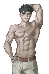 Rule 34 | 1boy, abs, aixiwuganda (20222192), alchemy stars, arm behind head, armpits, bara, black hair, cowboy shot, facial scar, hand on own hip, highres, looking at viewer, male focus, navel, nipples, pants, pectorals, pittman (alchemy stars), scar, scar on cheek, scar on chest, scar on face, short hair, solo, stomach, toned, toned male, topless male, white background, white pants