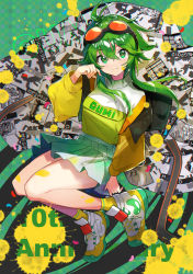 Rule 34 | 1girl, abstract background, antenna hair, bare legs, black-framed eyewear, character name, closed mouth, clothes writing, commentary request, elbow gloves, full body, gloves, goggles, goggles on head, green eyes, green hair, green skirt, gumi, hair between eyes, hayama eishi, highres, jacket, long sleeves, looking at viewer, miniskirt, official art, open clothes, open jacket, orange-tinted eyewear, pleated skirt, shoes, short hair with long locks, sidelocks, skirt, sneakers, socks, solo, tinted eyewear, vocaloid, white footwear, yellow jacket, yellow socks