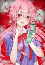 Rule 34 | 1girl, 49 (yonkyuu), :d, bad id, bad pixiv id, blush, chain-link fence, collared shirt, commentary, commentary request, fence, gasai yuno, hair between eyes, highres, holding, holding phone, long hair, looking at viewer, low twintails, mirai nikki, open mouth, phone, pink eyes, pink hair, red eyes, revision, school uniform, shirt, smile, solo, symbol-only commentary, twintails, upper body