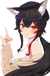 Rule 34 | 1girl, animal ear fluff, animal ears, bare shoulders, black hair, blush, breasts, brown cardigan, brown eyes, cardigan, closed mouth, fox shadow puppet, from side, hachiman tanuki, hair between eyes, hair ornament, hat, highres, hololive, large breasts, long hair, looking at viewer, looking to the side, multicolored hair, off shoulder, ookami mio, ookami mio (street), ponytail, red hair, shirt, simple background, sleeveless, sleeveless shirt, smile, solo, streaked hair, upper body, virtual youtuber, white background, white shirt, wolf ears, x hair ornament