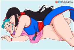 Rule 34 | 2girls, absurdres, ass, black hair, bracelet, breasts, bulma, chi-chi (dragon ball), clothed sex, clothes, dragon ball, dragon ball super, ear piercing, futa with female, futanari, green hair, hair bun, highres, jewelry, large breasts, long hair, lying, lying on person, medium breasts, medium hair, mature female, multiple girls, on person, open mouth, panties, panties around leg, philipsmitheros, piercing, pink panties, prone bone, purple scarf, scarf, sex, sex from behind, underwear, vaginal, watch