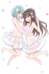Rule 34 | 10s, 14sai bishoujo (shoutarou), 2girls, akemi homura, barefoot, black hair, black hairband, blue eyes, blue hair, blush, commentary request, dress, eyelashes, flower, hair flower, hair ornament, hairband, hand on another&#039;s head, long hair, looking at another, mahou shoujo madoka magica, mahou shoujo madoka magica (anime), miki sayaka, multiple girls, open mouth, polka dot, polka dot background, purple eyes, simple background, smile, translucent