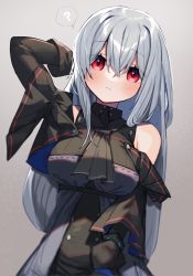 Rule 34 | 1girl, ?, arknights, arm behind head, ascot, bare shoulders, black ascot, blush, breasts, closed mouth, commentary request, gradient background, grey background, hair between eyes, highres, infection monitor (arknights), long hair, long sleeves, looking at viewer, medium breasts, moti yousei, red eyes, silver hair, skadi (arknights), solo, speech bubble, spoken question mark, underbust, upper body, very long hair