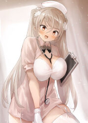 Rule 34 | 1girl, between breasts, blush, breasts, brown eyes, conte di cavour (kancolle), cowboy shot, garter straps, gloves, grey hair, hat, highres, holding, kantai collection, large breasts, long hair, nurse, nurse cap, open mouth, short sleeves, smile, solo, stethoscope, thighhighs, toka (marchlizard), two side up, white gloves, white hat, white thighhighs