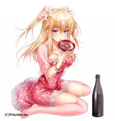 Rule 34 | 1girl, alcohol, blush, bottle, bracelet, breasts, cherry blossoms, cleavage, cup, dress, flower, hair flower, hair ornament, hizuki akira, jewelry, large breasts, long hair, looking at viewer, open mouth, original, over-kneehighs, pink dress, pink thighhighs, red dress, sakazuki, sake, sake bottle, simple background, sitting, solo, thighhighs, twintails, wariza, white background