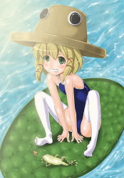 Rule 34 | 1girl, bare shoulders, blonde hair, feet, female focus, frog, full body, green eyes, grin, hair ribbon, hat, lily pad, marubonman, moriya suwako, nature, no shoes, one-piece swimsuit, outdoors, ribbon, smile, solo, spread legs, squatting, swimsuit, thighhighs, toes, touhou, water, white thighhighs