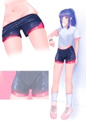 Rule 34 | 1girl, absurdres, bike shorts, black shorts, blue eyes, blue hair, breasts, closed mouth, clothes pull, full body, groin, gym uniform, highres, long hair, looking at viewer, magia record: mahou shoujo madoka magica gaiden, mahou shoujo madoka magica, midriff, multiple views, nanami yachiyo, navel, pink footwear, ponytail, radio.broom, shirt, shoes, short shorts, short sleeves, shorts, shorts pull, sidelocks, sneakers, socks, standing, stomach, sweat, thighs, watch, white background, white shirt, wristwatch