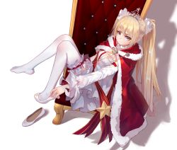 Rule 34 | 1girl, alternate costume, amazon (azur lane), amazon (little orchestra) (azur lane), azur lane, blonde hair, blue eyes, bridal garter, c.mi, cape, chair, commentary request, dress, unworn footwear, fur-trimmed cape, fur trim, highres, long hair, long sleeves, looking at viewer, pantyhose, puffy long sleeves, puffy sleeves, shoes, unworn shoes, sidelocks, sitting, solo, tiara, twintails, very long hair, white dress, white pantyhose