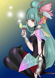 Rule 34 | 1girl, alcohol, aqua hair, artist request, blush, boots, bravely default: flying fairy, breasts, cup, dress, drinking glass, fingerless gloves, gloves, hair ornament, long hair, looking at viewer, mephilia venus, pantyhose, purple eyes, sideboob, solo, thigh boots, thighhighs, very long hair, wine, wine glass