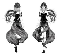 Rule 34 | 1girl, animal print, armband, bell, dress, feather boa, greyscale, high heels, jewelry, leopard print, lips, long hair, mew (vocaloid), monochrome, multiple views, necklace, official art, otaniryuji, pale skin, sunglasses, tattoo, turn around, turnaround, vocaloid