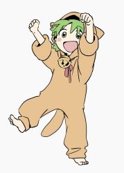 Rule 34 | 1girl, :d, animal costume, animal hood, arms up, barefoot, bell, blush, cat costume, commentary request, cosplay, full body, green eyes, green hair, grey background, highres, hood, hood up, jingle bell, kigurumi, koiwai yotsuba, long sleeves, looking at viewer, marutei2, open mouth, quad tails, red ribbon, ribbon, short hair, simple background, smile, solo, standing, standing on one leg, yotsubato!
