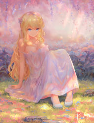 Rule 34 | 1girl, arm at side, arm support, artist name, bare shoulders, blonde hair, blue eyes, blue flower, blue rose, breasts, cleavage, closed mouth, collarbone, dress, eyelashes, flower, grass, hair flower, hair ornament, has bad revision, kisei2, knees up, large breasts, long dress, md5 mismatch, original, panties, pantyshot, plant, resolution mismatch, rose, shoes, signature, sitting, smile, solo, source smaller, stone, strap slip, underwear, white dress, white footwear, white panties