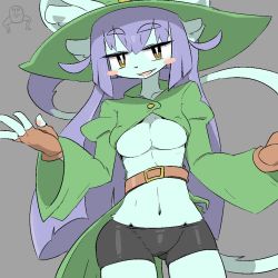 Rule 34 | 1girl, blush, cat, female focus, fingerless gloves, furry, furry female, gloves, grey background, looking at viewer, navel, no bra, open mouth, purple hair, shorts, simple background, smile, solo, the amboina, yellow eyes
