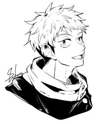 Rule 34 | 1boy, :d, artist name, commentary request, cropped shoulders, facial mark, itadori yuuji, jujutsu kaisen, jujutsu tech uniform, looking at viewer, male focus, monochrome, open mouth, shiharu1115, short hair, signature, simple background, smile, solo, spiked hair, white background