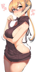 Rule 34 | &gt;:o, 1girl, :o, backless outfit, bare arms, bare shoulders, black sweater, blonde hair, blush, breast hold, breasts, brown eyes, collarbone, commentary request, cowboy shot, elf, heart, highres, large breasts, long hair, looking at viewer, meme attire, motion lines, naked sweater, nose blush, open mouth, original, osuman toruko, playing with own hair, pointy ears, ribbed sweater, shiny skin, sideboob, simple background, solo, standing, sweater, thighs, translation request, turtleneck, turtleneck sweater, twintails, v-shaped eyebrows, virgin killer sweater, white background