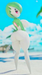 Rule 34 | 1girl, 3d, adriandustred, ass, beach, blurry, blurry background, creatures (company), female focus, game freak, gardevoir, gen 3 pokemon, highres, huge ass, looking at viewer, nintendo, no humans, pokemon, pokemon (creature), thick thighs, thighs